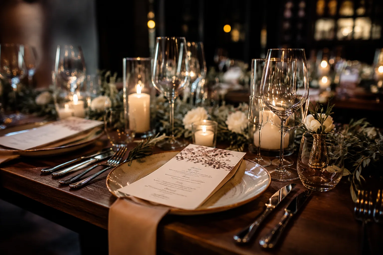 Elegantly set dinner table for an adult birthday celebration with printed menu cards, candles, and wine glasses, moody
