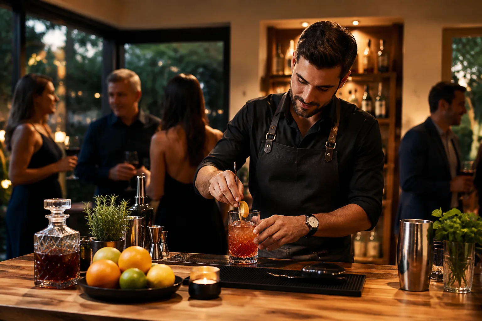 Bartender crafting a signature cocktail at a small home bar setup during an adult birthday party, guests chatting softly blurred in the