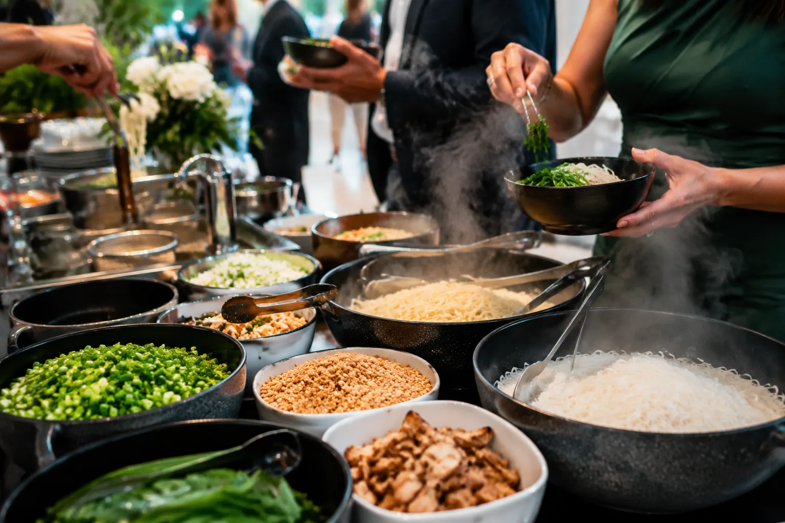 A photorealistic image of a build-your-own noodle bar at an event, with steaming bowls of noodles, small bowls of toppings like scallions,