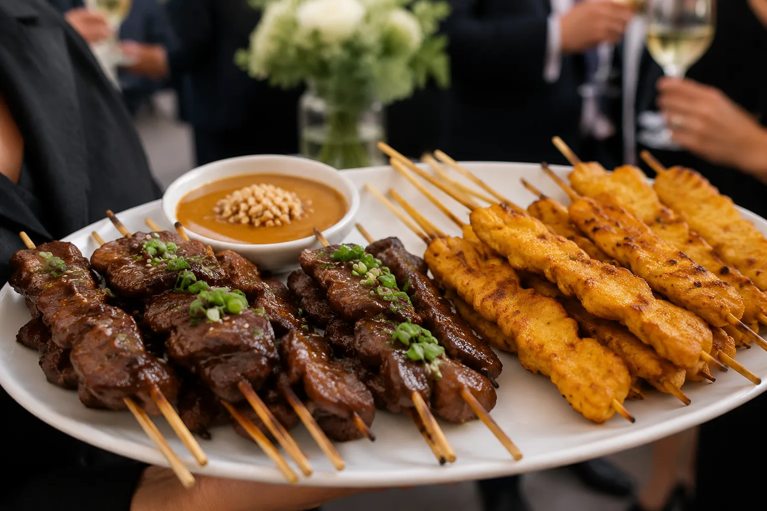 A photorealistic close-up of Korean-style bulgogi skewers and Thai satay with peanut sauce arranged on a passed catering tray at a cocktail