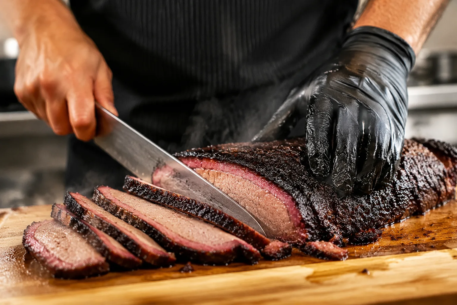 Chef slicing smoked brisket on a wooden cutting board with visible smoke ring, steam rising, professional kitchen setting