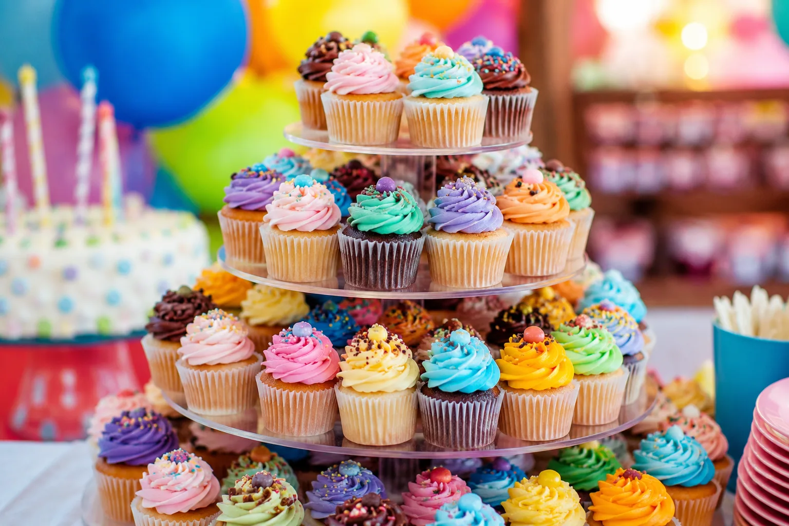 Colorful cupcake tower display at a birthday party, dozens of frosted cupcakes arranged on a tiered stand, bright festive party
