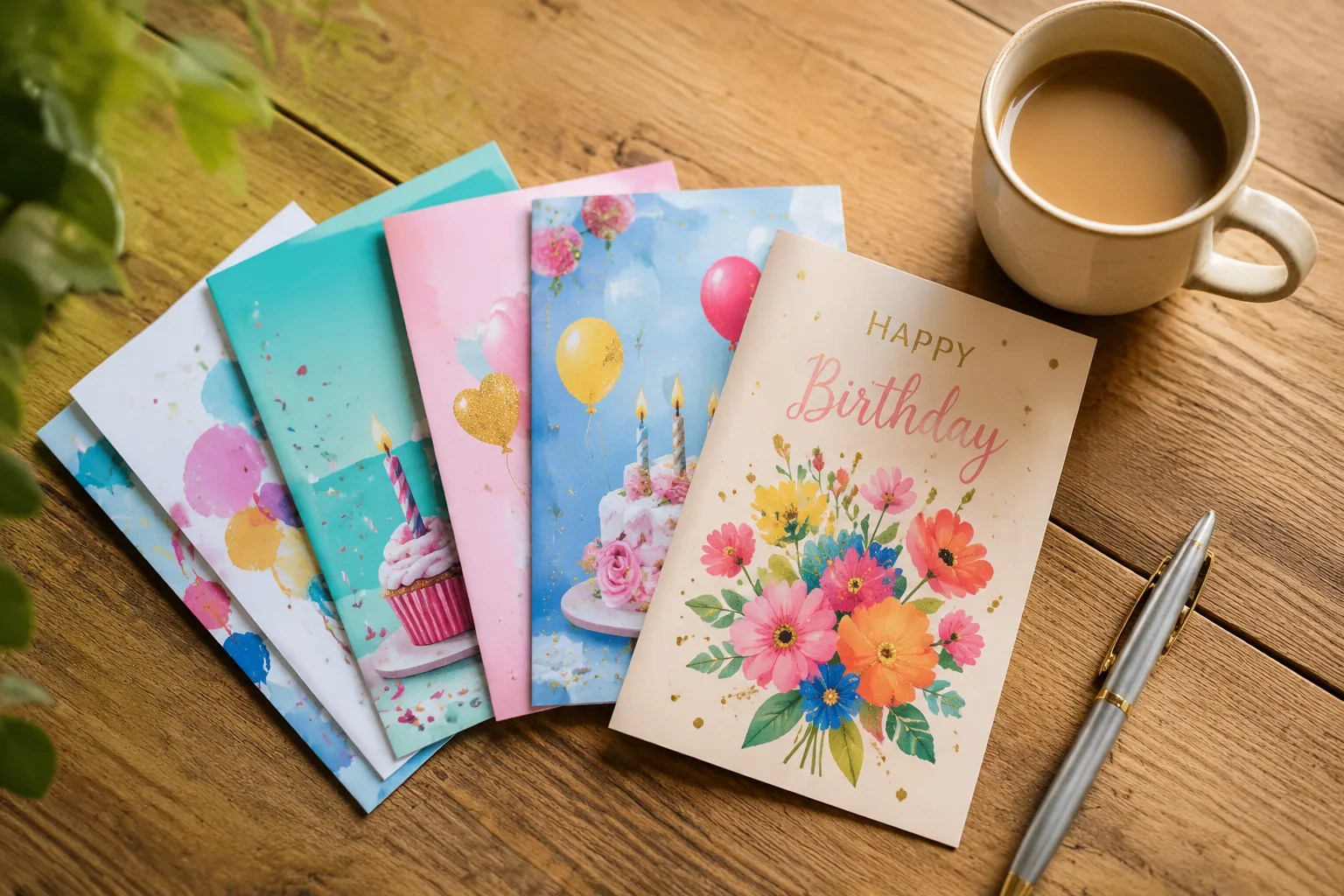 A photorealistic flat-lay of several colorful birthday greeting cards fanned out on a wooden table next to a cup of coffee and a pen,