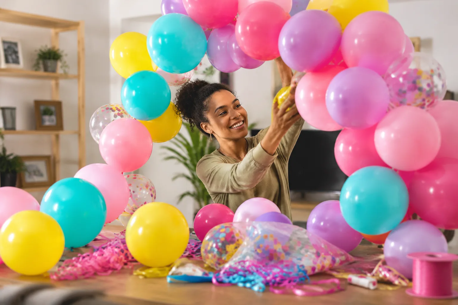 Person assembling a colorful balloon arch at home on a table covered with balloons, streamers, and party supplies, bright casual indoor