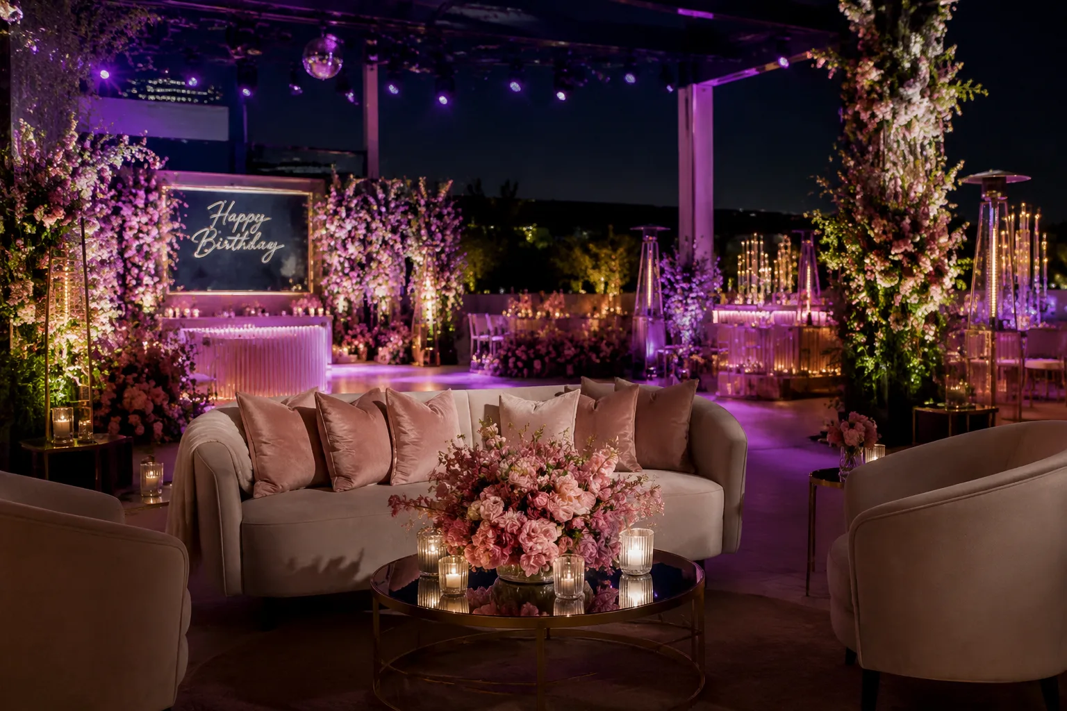Fully styled special-occasion birthday party setup with floral installations, uplighting, and elegant lounge furniture in a rented event space,
