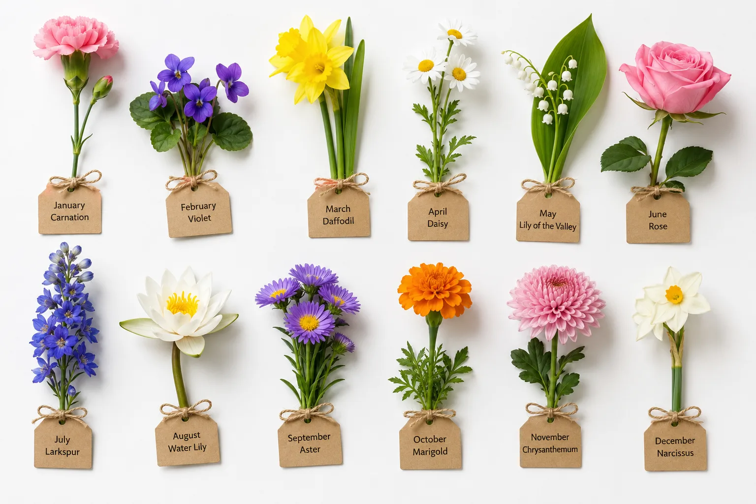 A photorealistic overhead flat-lay of twelve small labeled flower stems representing different birth month blooms arranged in a grid on a