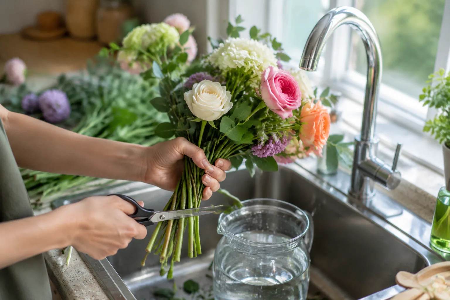 Fresh flower bouquet in a glass vase being trimmed with scissors at a kitchen sink, water droplets visible