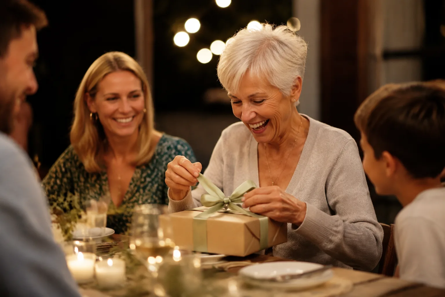 Older adult opening a nicely wrapped gift at a family dinner table, warm smiles, soft evening lighting, other family members visible around