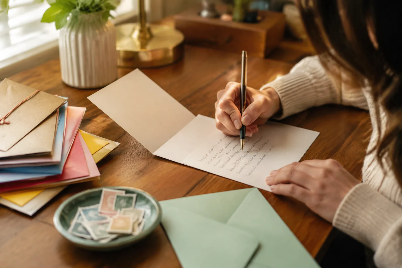 Person handwriting an invitation card at a desk with a stack of colorful envelopes and stamps nearby, warm cozy