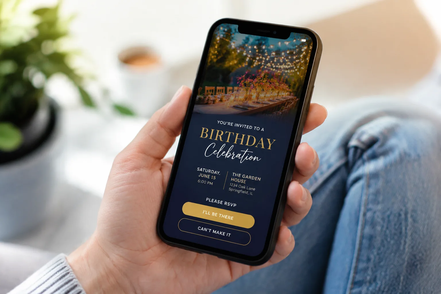 Smartphone screen showing a digital party invitation with RSVP options, held in someone's hand, casual