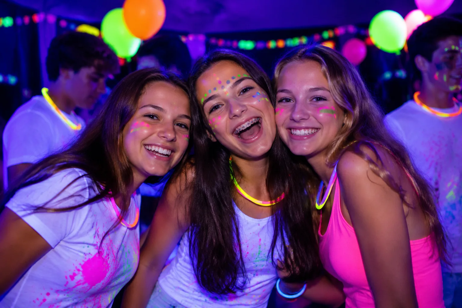 Teenagers at a glow-in-the-dark neon themed birthday party, blacklight lighting, colorful glow accessories, energetic indoor party