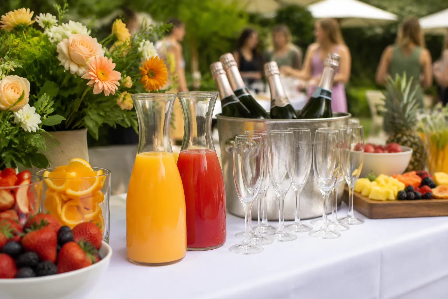 A photorealistic image of a self-serve mimosa bar at an outdoor weekend brunch event, with carafes of orange and cranberry juice next to