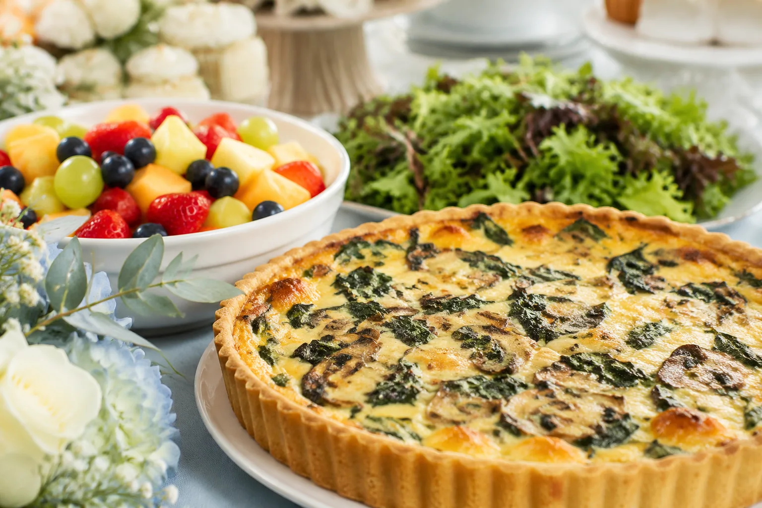 A photorealistic close-up of a spinach and mushroom quiche next to a fresh fruit salad and mixed greens on a catering buffet table set for