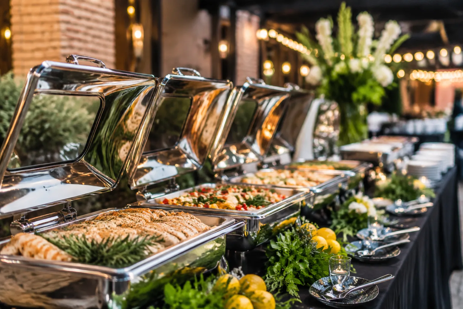 Elegant buffet-style catering setup with chafing dishes, fresh garnishes, and warm string lighting at an event venue, showing value and