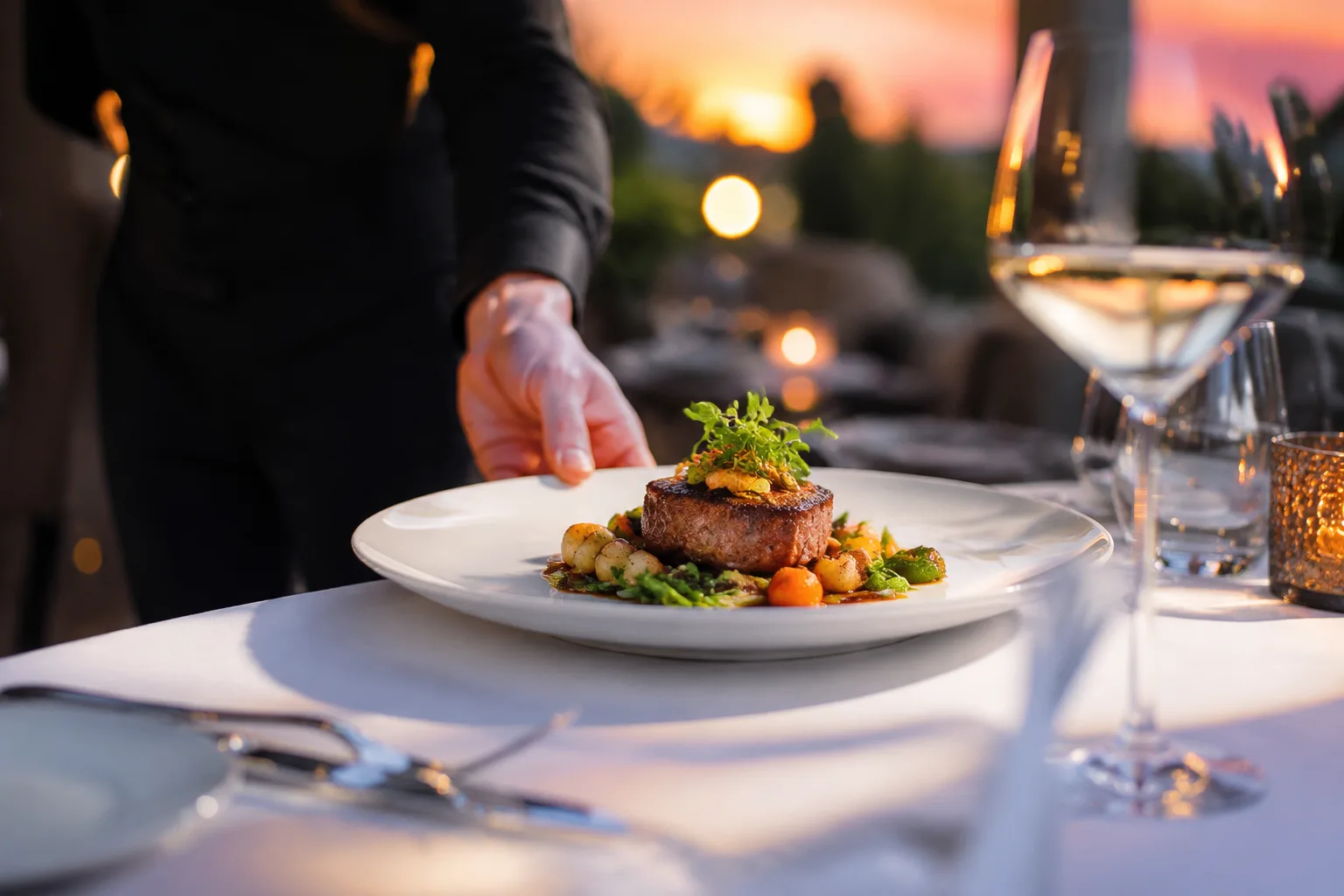 Formal plated dinner course being placed on a white tablecloth by a server wearing black attire, fine dining presentation, soft evening