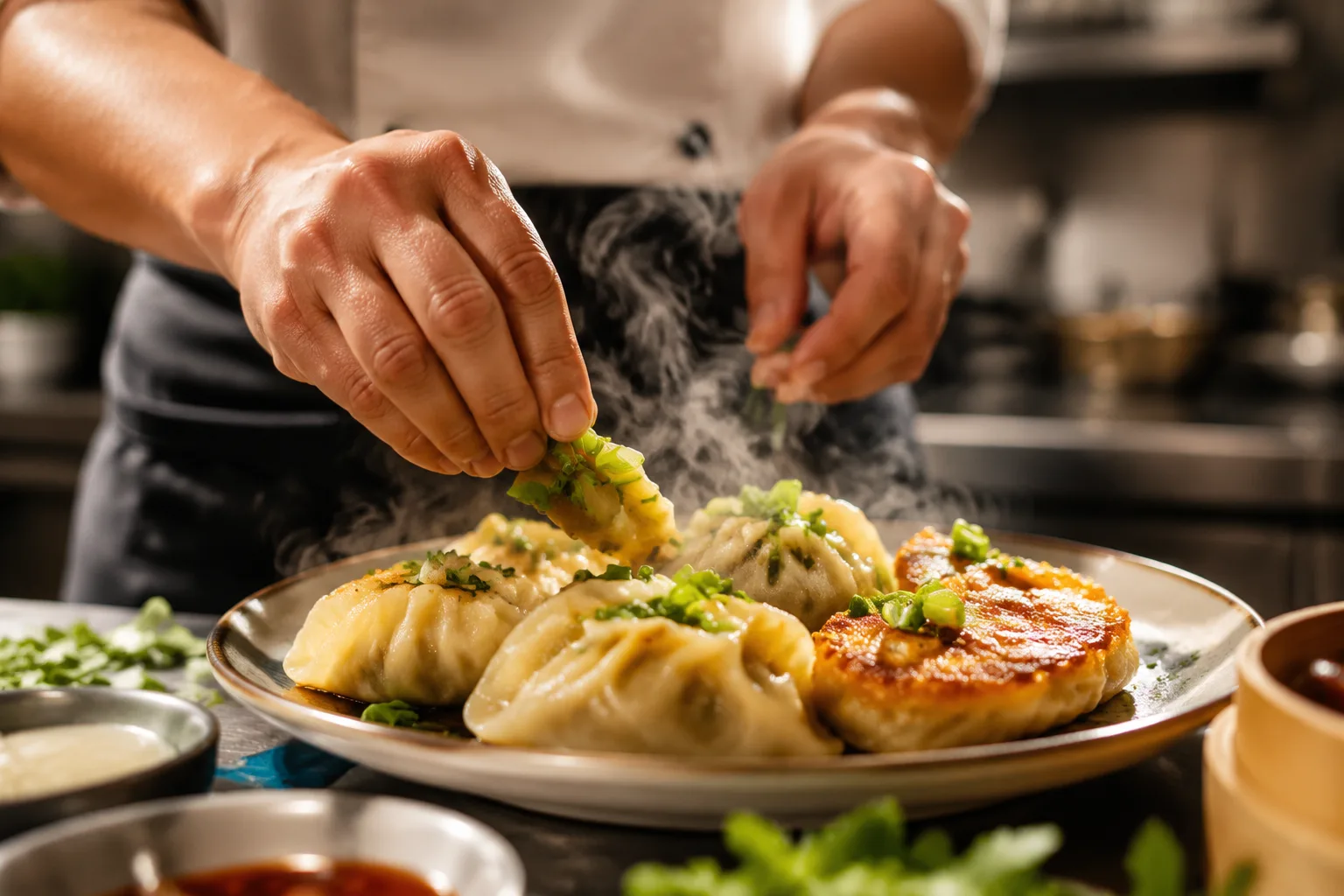 Steaming dumplings and potstickers being plated by a chef's hands in a professional kitchen, garnished with scallions, soft focus background