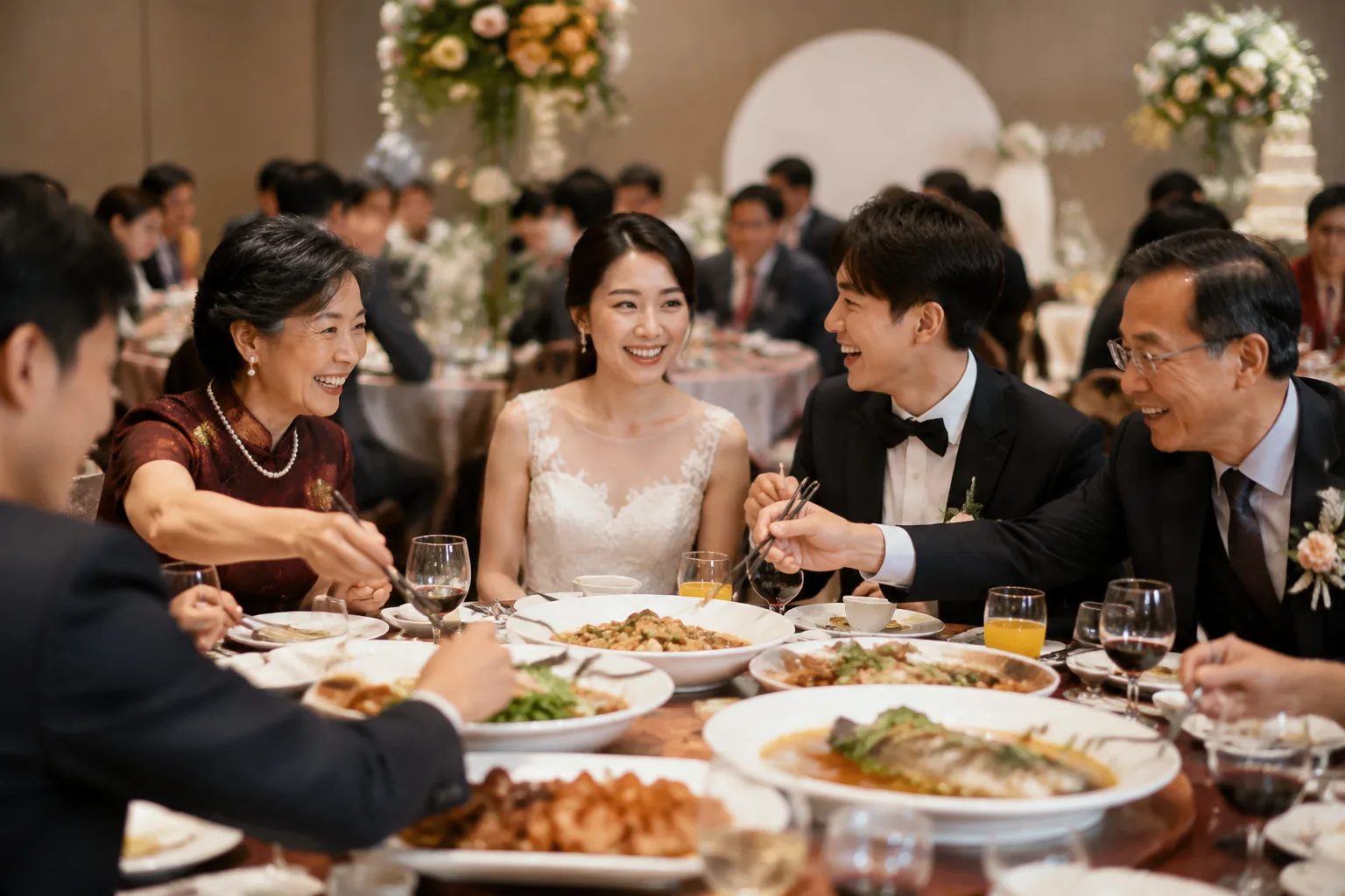 Family-style dinner table at a wedding reception with shared platters of Chinese dishes being served, guests seated and conversing, warm