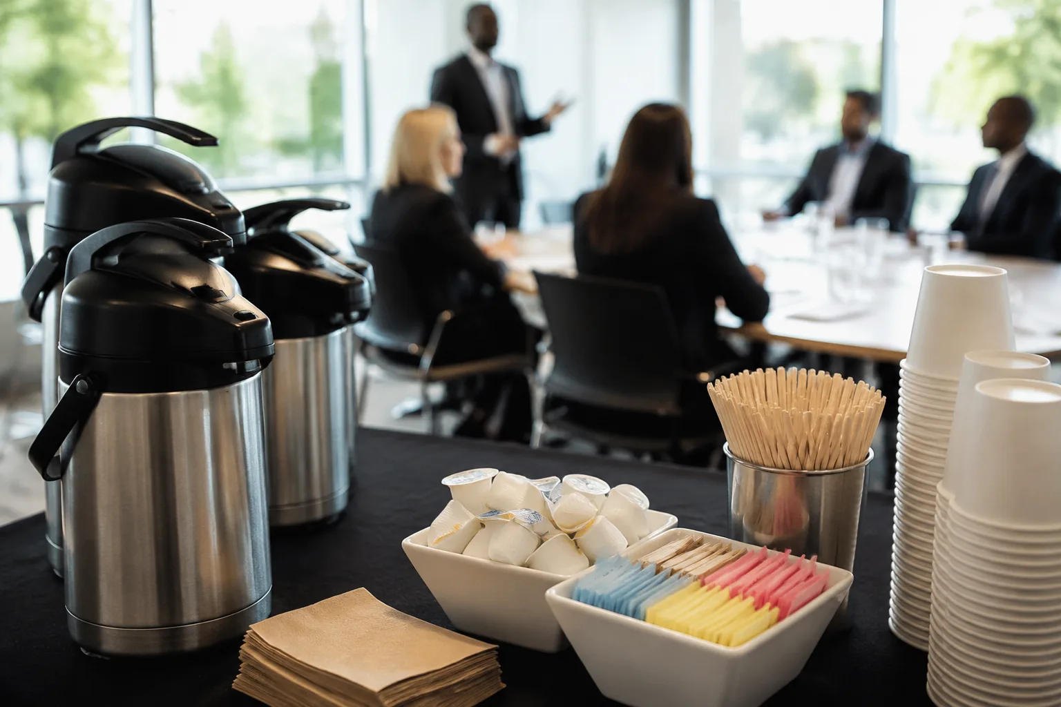 A photorealistic image of insulated coffee airpots with cream, sugar, and stirrers set up on a table at a morning corporate meeting