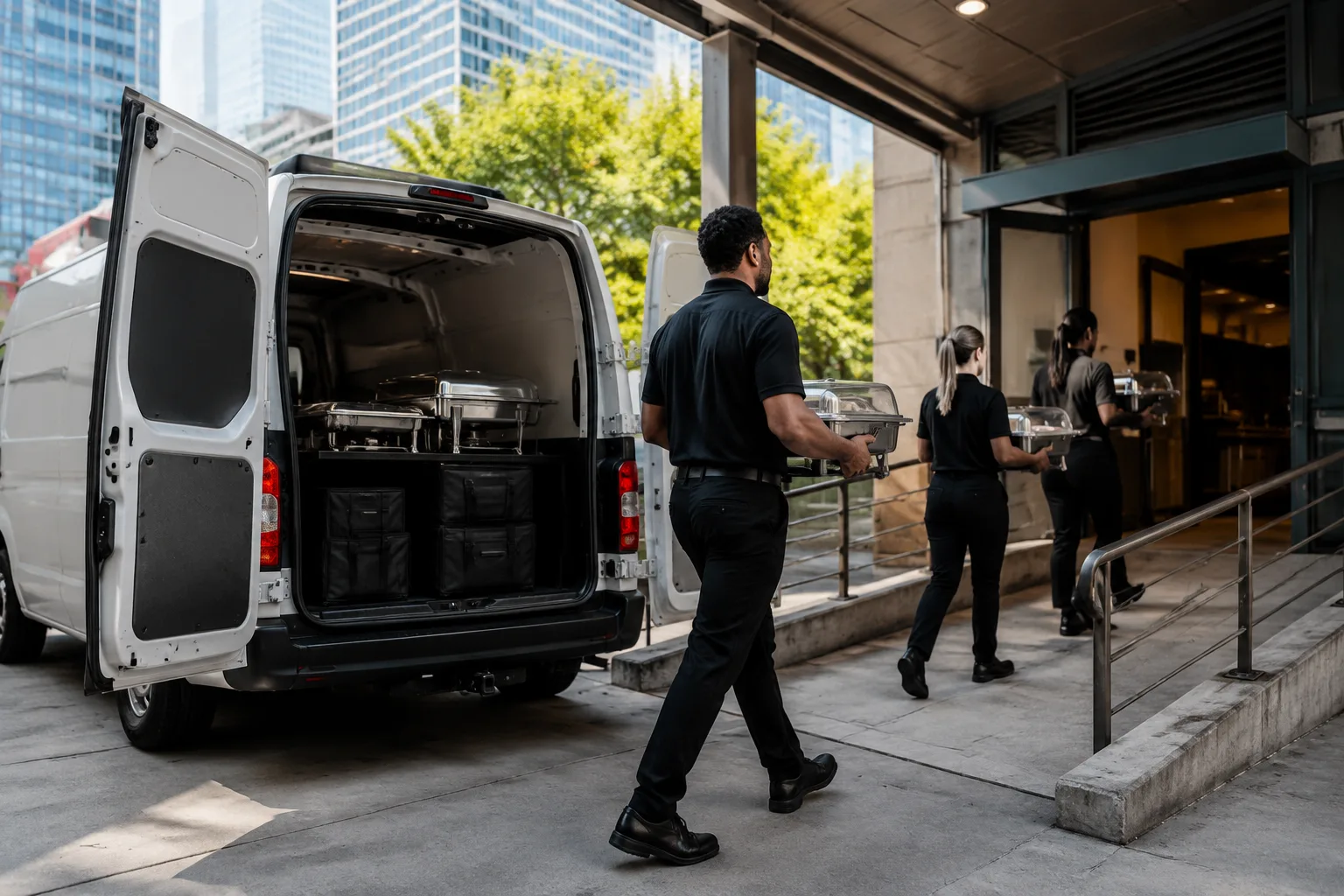 Catering delivery van parked at a downtown Atlanta office building loading dock, staff in uniform carrying covered catering trays toward a