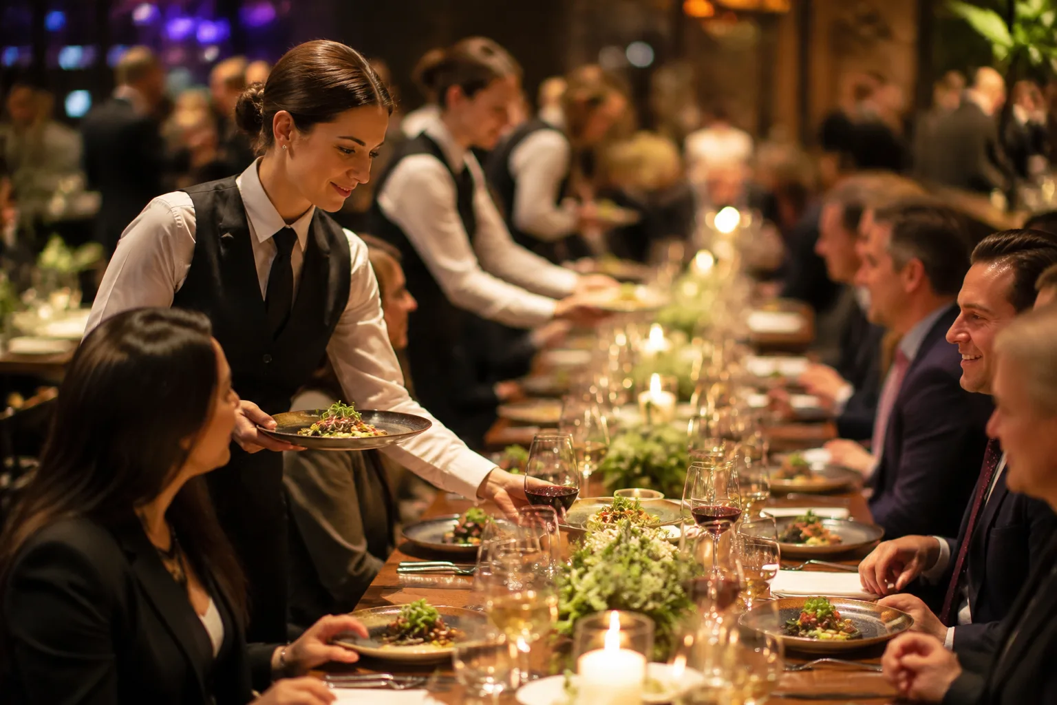 Catering staff serving plated dinners to guests at a corporate client dinner event