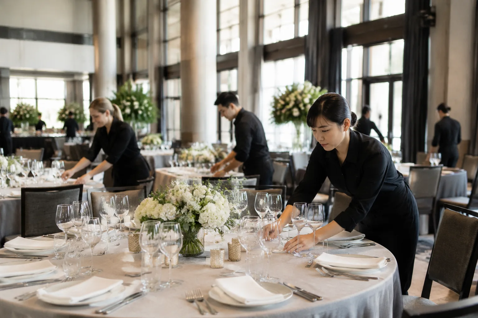 Team of event staff setting up round tables, linens, and centerpieces in a large corporate event hall before guests arrive, bright working
