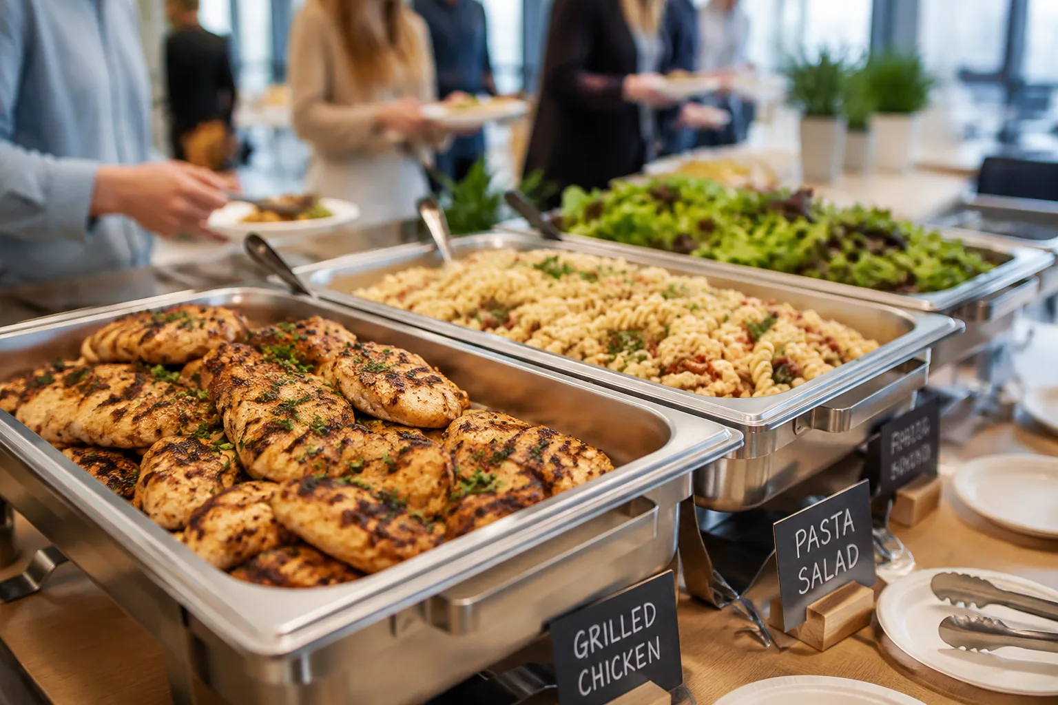 A photorealistic image of a buffet-style office lunch catering setup with grilled chicken, pasta salad, and mixed greens in labeled serving