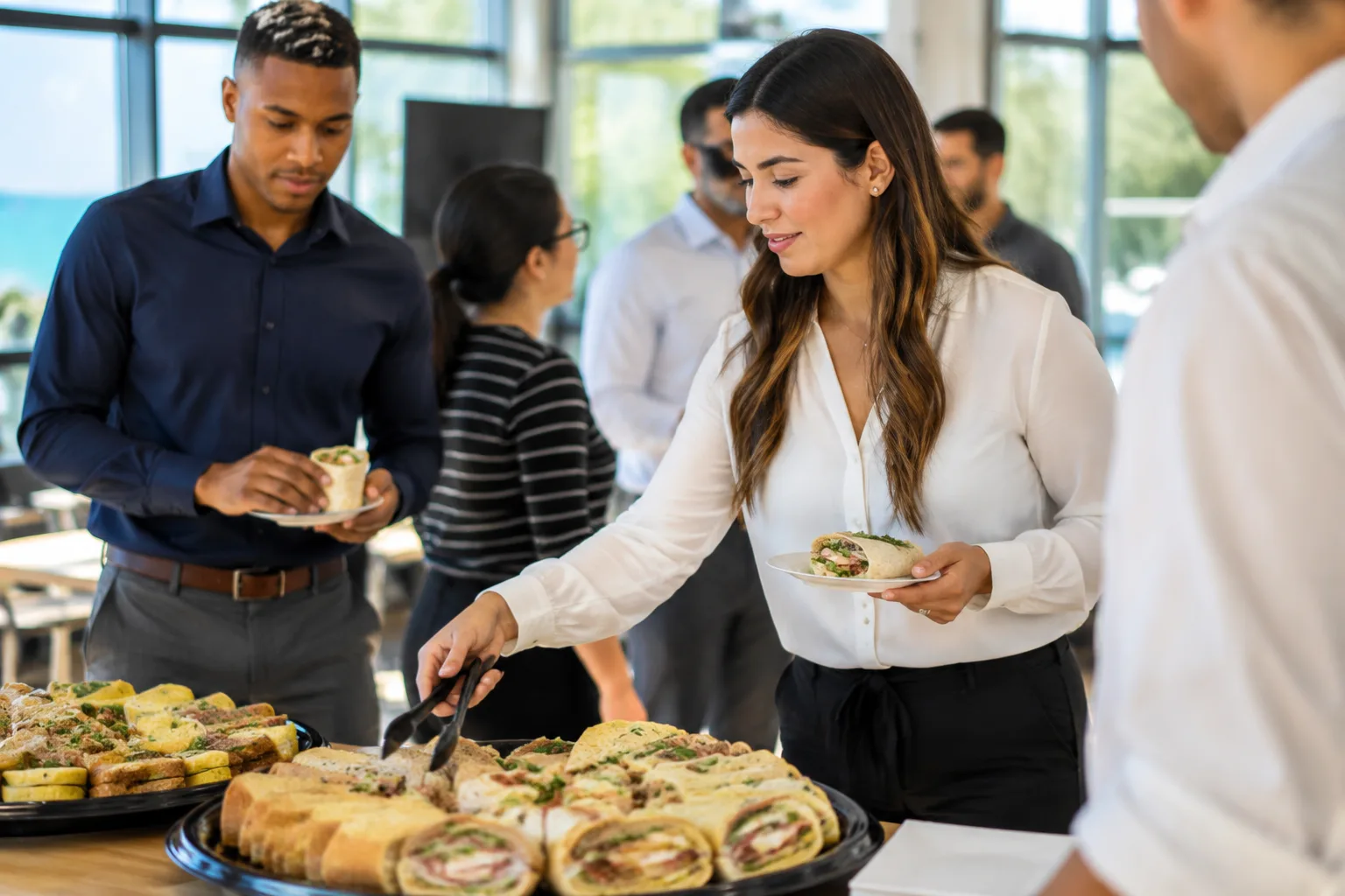 Office workers in a breakroom serving themselves from a catered sandwich and wrap platter during a lunch meeting