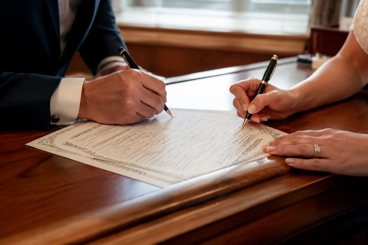 Two hands signing a marriage license document on a wooden courthouse counter, pen in hand, warm