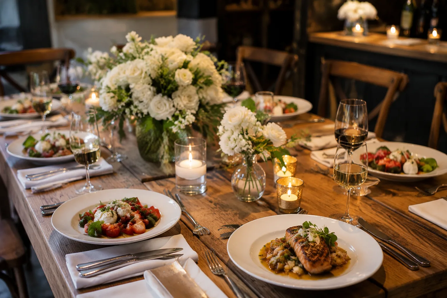 Small intimate celebratory dinner table set for six people with simple elegant white florals, candles, and plated food, warm restaurant