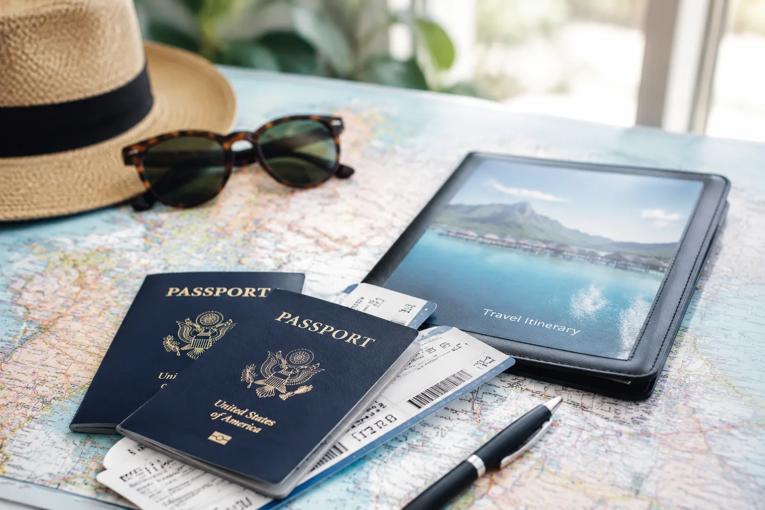Couple's passports, boarding passes, and a travel itinerary folder laid out on a map, planning a trip