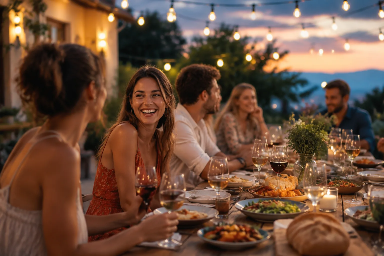 Relaxed outdoor welcome dinner at dusk with string lights overhead, a long table set with food platters, guests chatting in the background