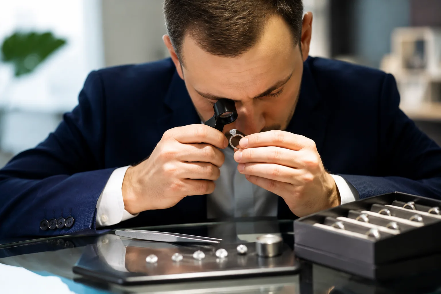 Jeweler using a loupe to examine a diamond ring at a display counter, gemological grading tools visible, bright showroom