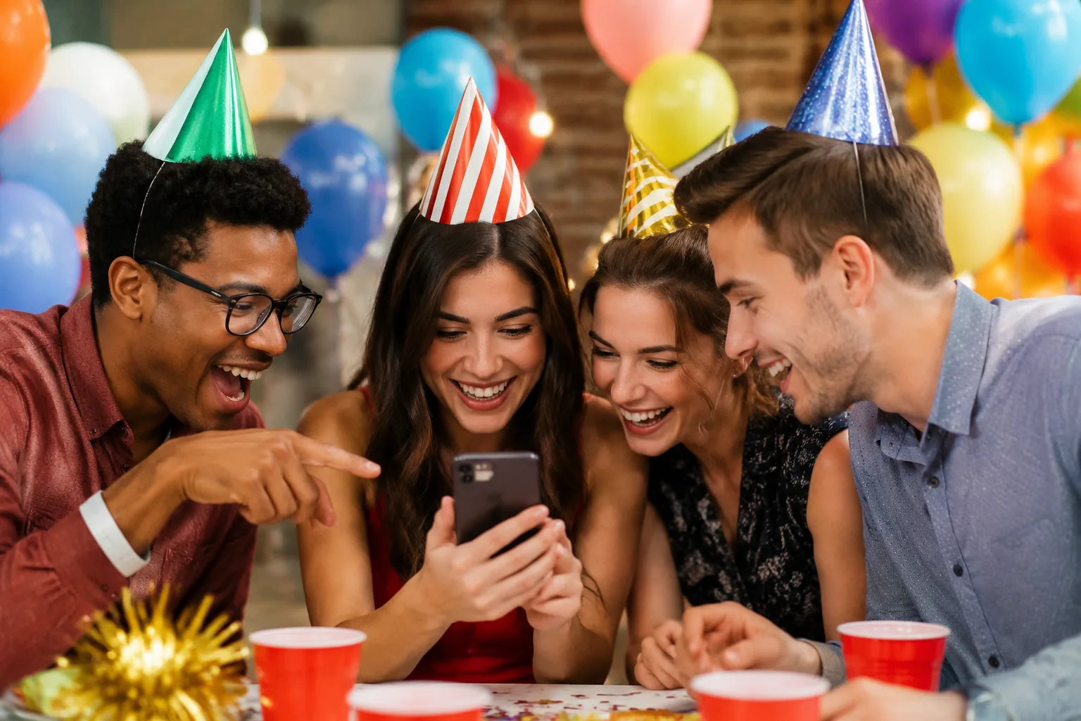 Friends at a birthday party laughing together while looking at a phone screen, playing a trivia guessing game, colorful party decorations