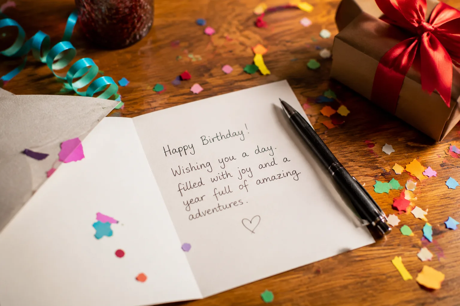 Handwritten birthday card with a pen resting on top, surrounded by confetti and a small gift box, warm overhead