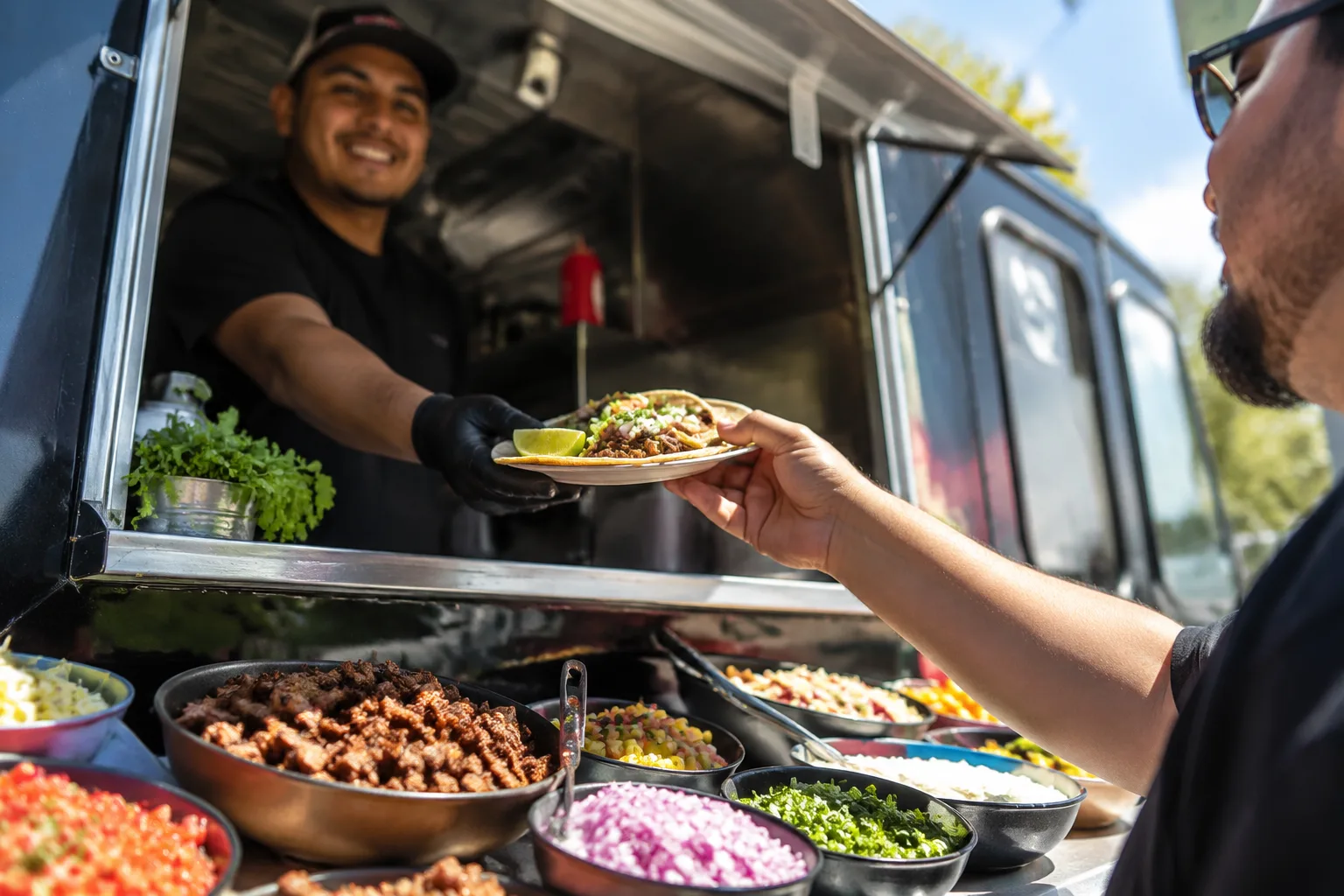 A photorealistic image of a build-your-own taco station being served from a food truck window, with bowls of grilled meat, salsas, and