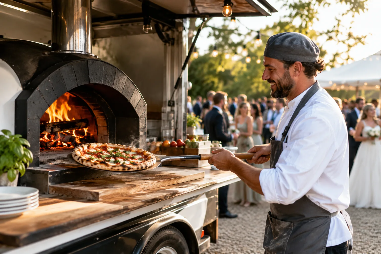Mobile wood-fired pizza oven on a catering truck with a chef sliding a fresh pizza out at an outdoor wedding reception