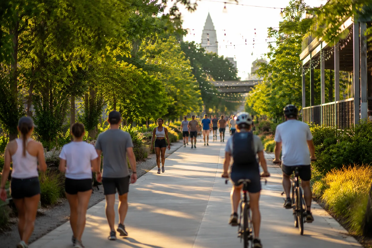 People walking and biking along a paved urban greenway trail lined with trees and string lights, golden hour lighting, Atlanta BeltLine