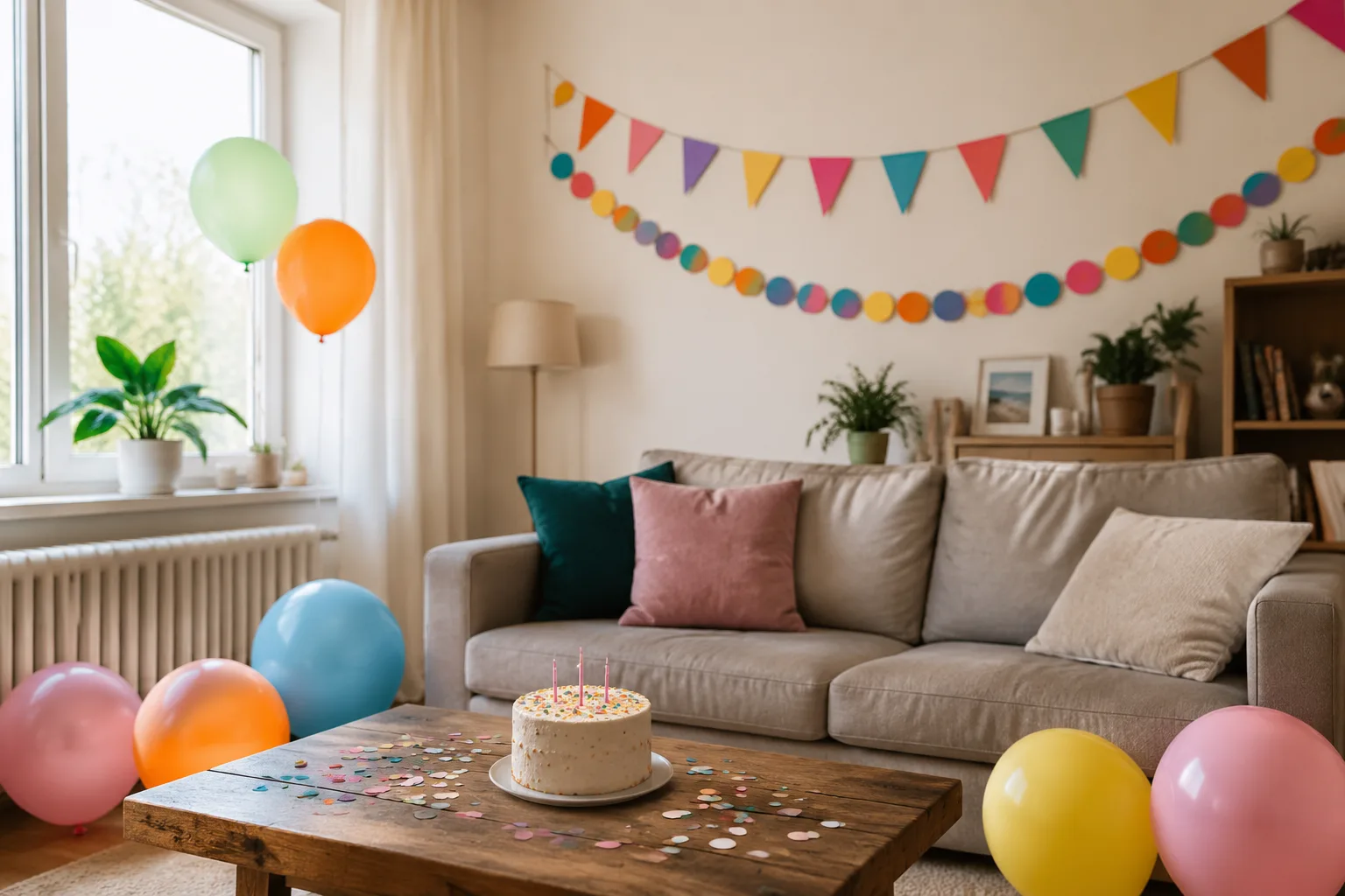 Simple homemade birthday party setup on a budget, DIY paper garland decorations and balloons in a cozy living room, natural daylight,
