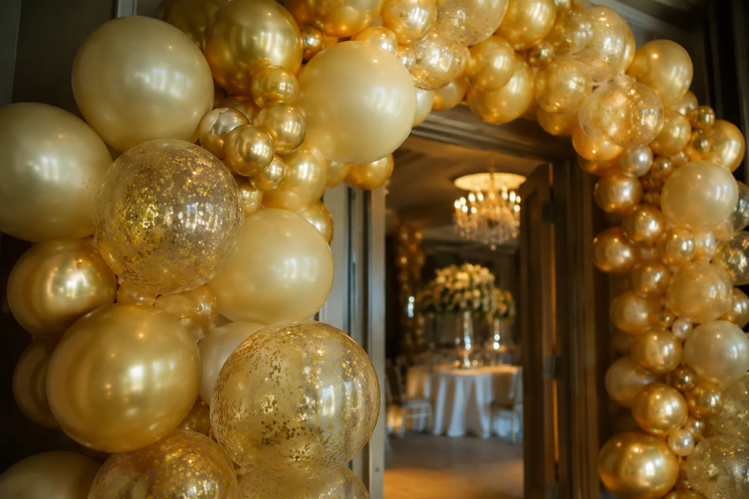 A photorealistic close-up of gold and champagne colored balloon arch decorations at a birthday party entrance, warm indoor lighting,
