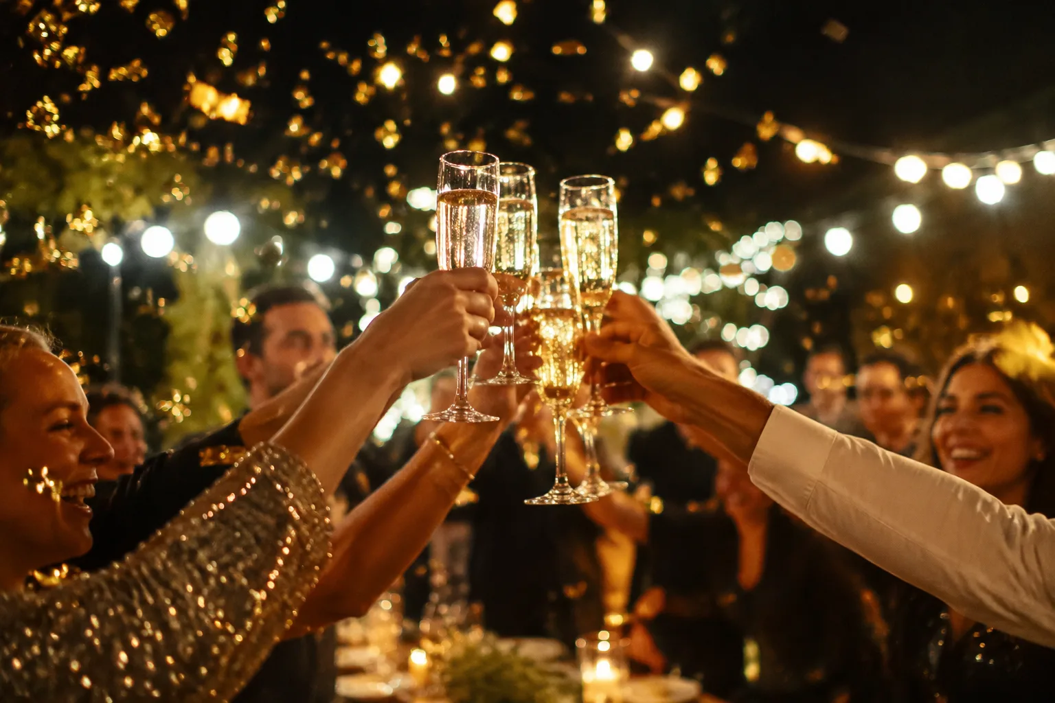 Celebratory toast with champagne flutes and sparkling gold confetti in the air at an evening birthday party, warm ambient string