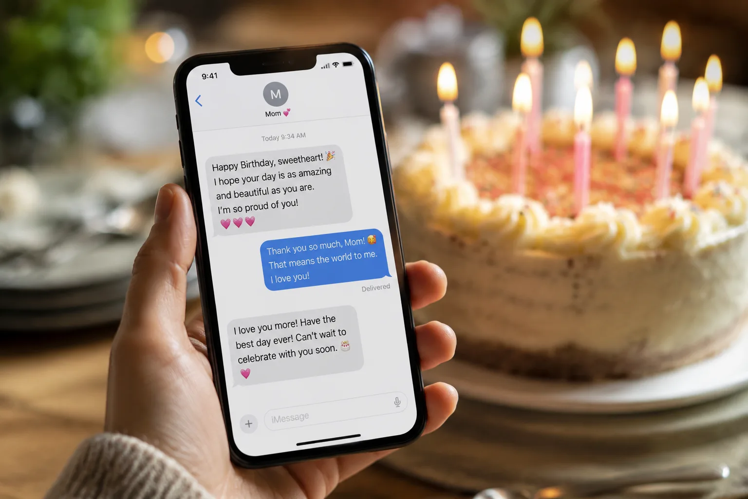 Smartphone displaying a warm birthday text message thread, held in hand with a birthday cake blurred in the background