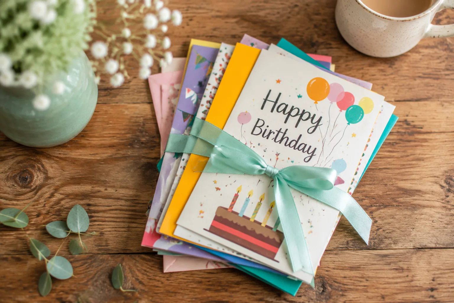 Stack of colorful birthday cards tied with ribbon on a wooden table, soft natural light, styled overhead shot