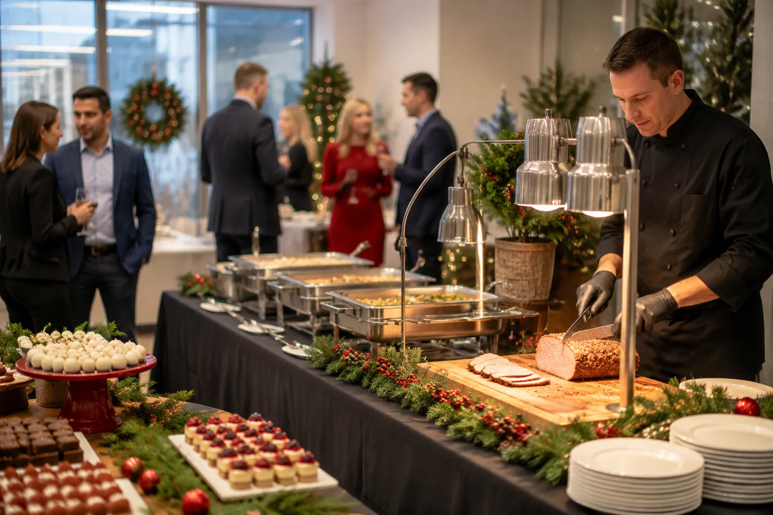 Office holiday party with a catered carving station and a dessert table decorated for the season