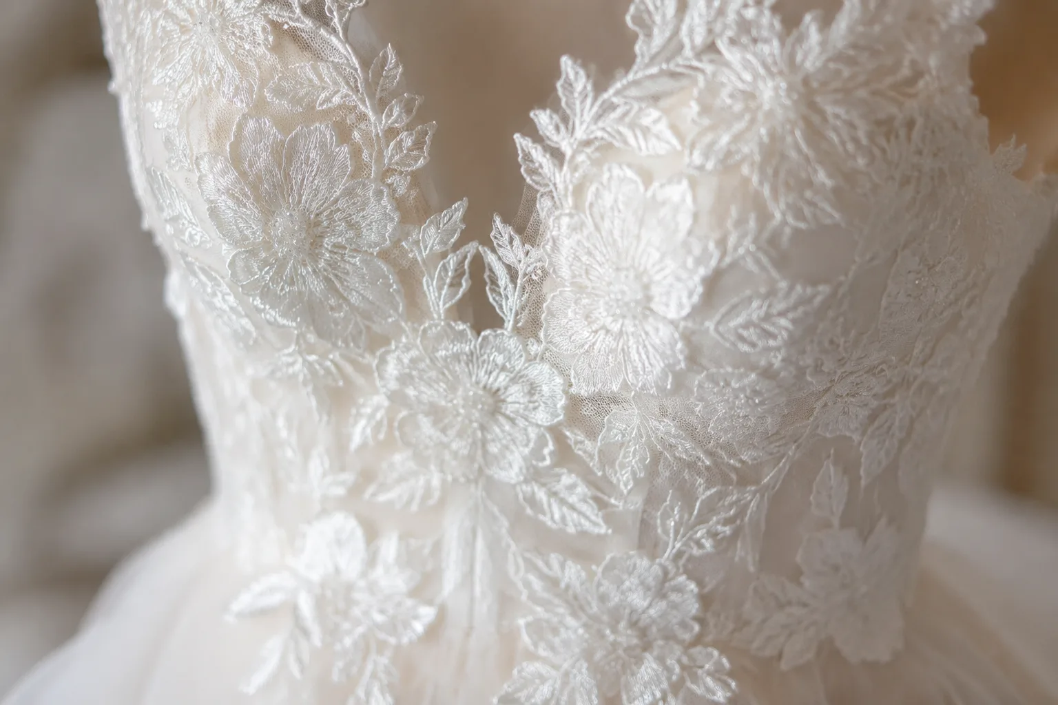 Delicate lace and fabric details on a wedding gown bodice