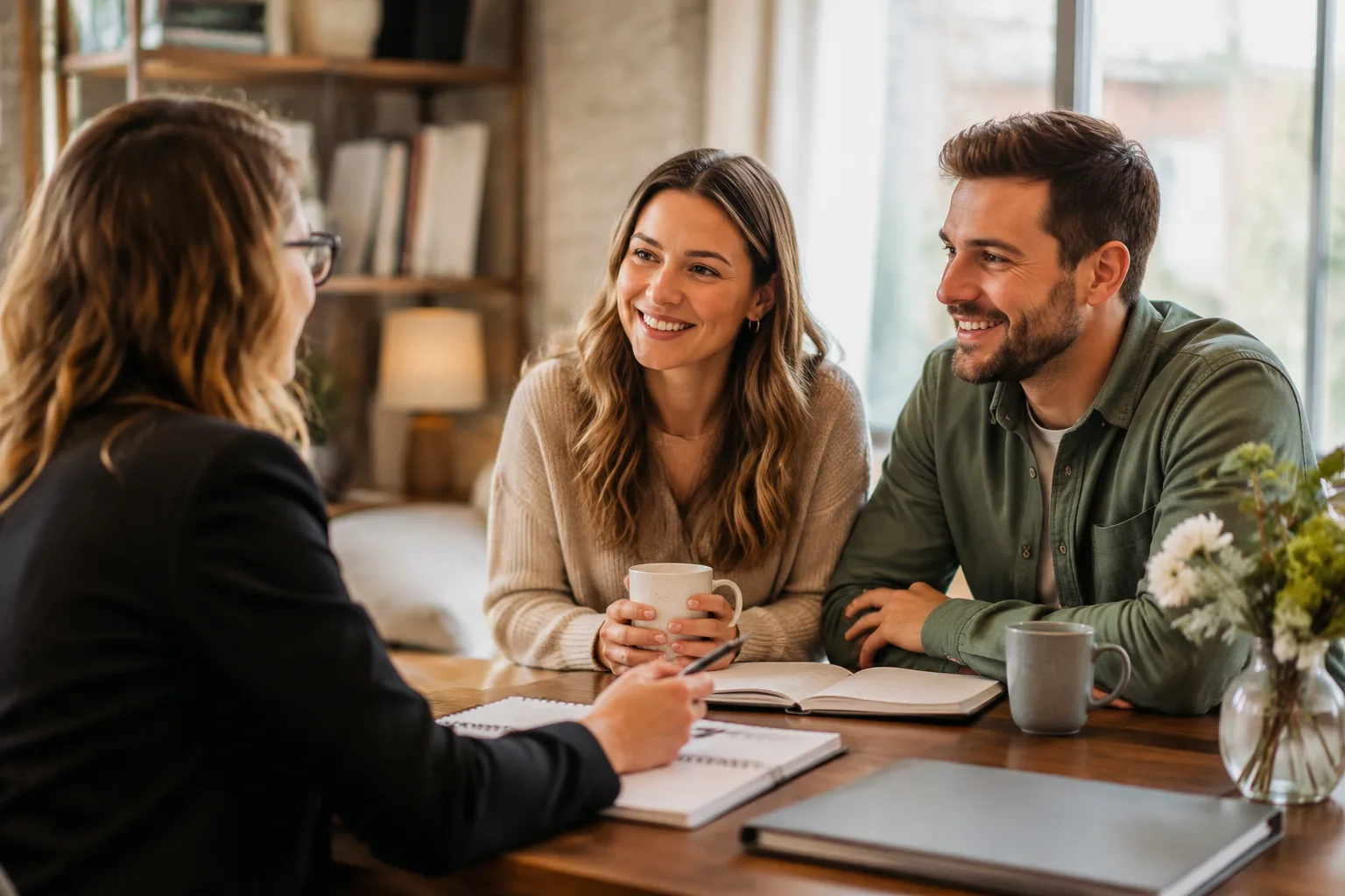 Couple sitting across a small table from an officiant, having a friendly planning conversation with notebooks and coffee cups, warm indoor