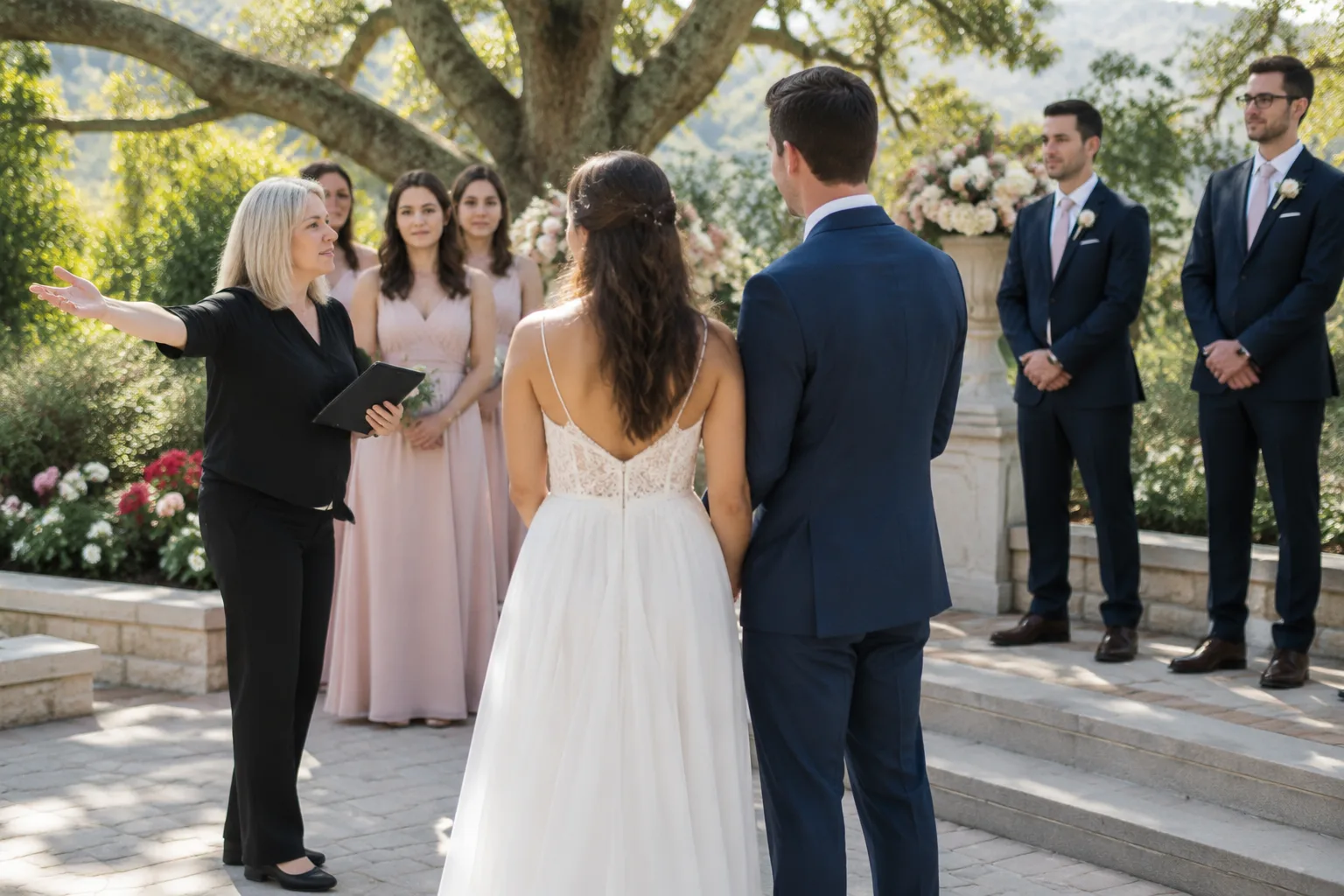 Wedding party rehearsal outdoors, an officiant gesturing to show where the couple should stand, a few bridesmaids and groomsmen watching,