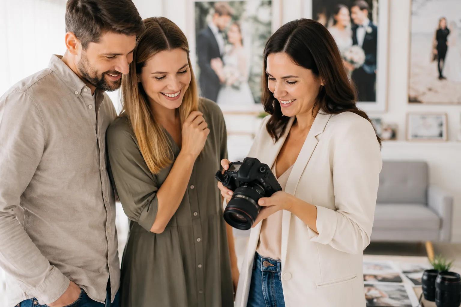 Wedding photographer reviewing photos on a camera screen with a couple during a consultation, bright studio setting