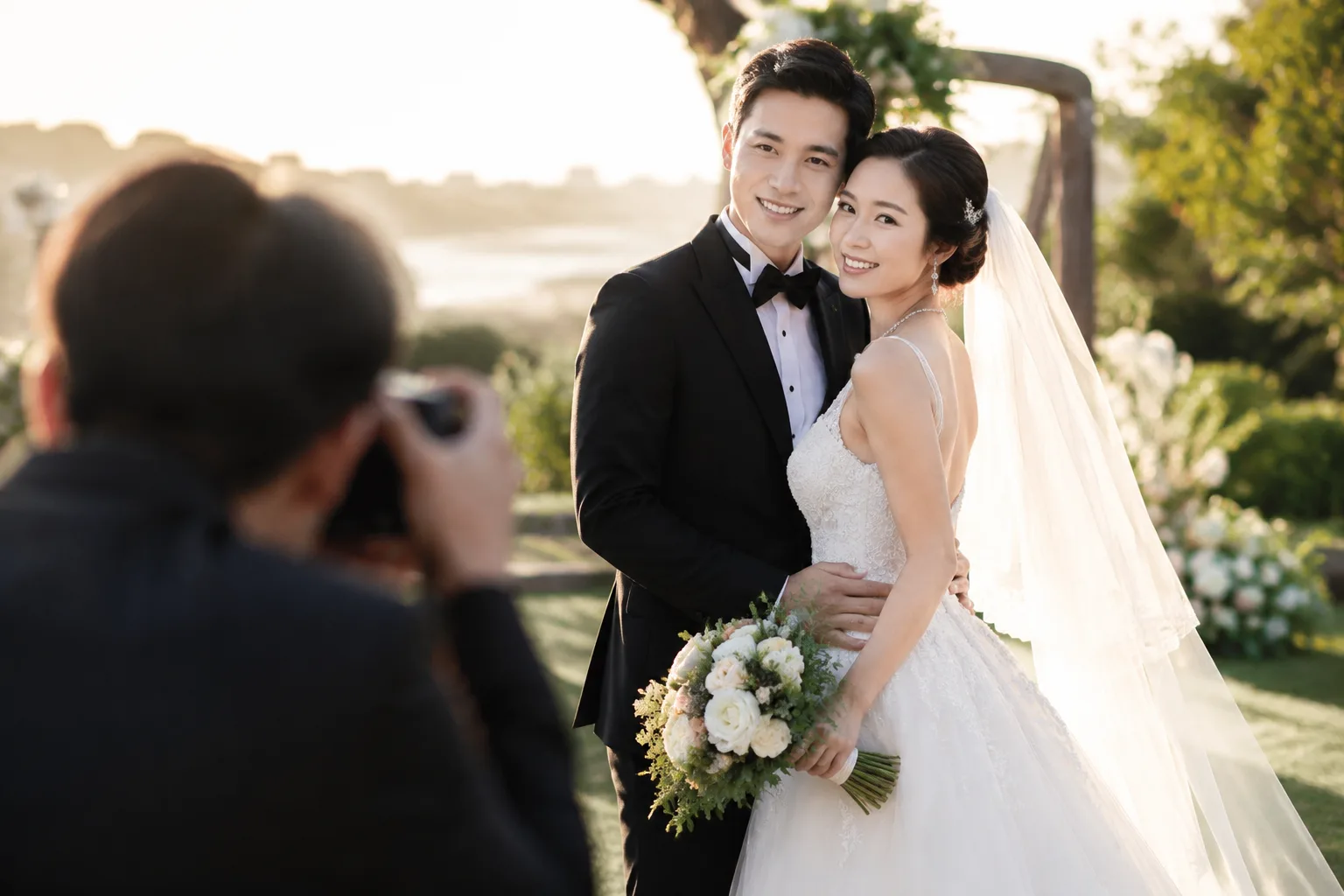 Bride and groom posing for photos during golden hour at an outdoor venue, photographer visible s