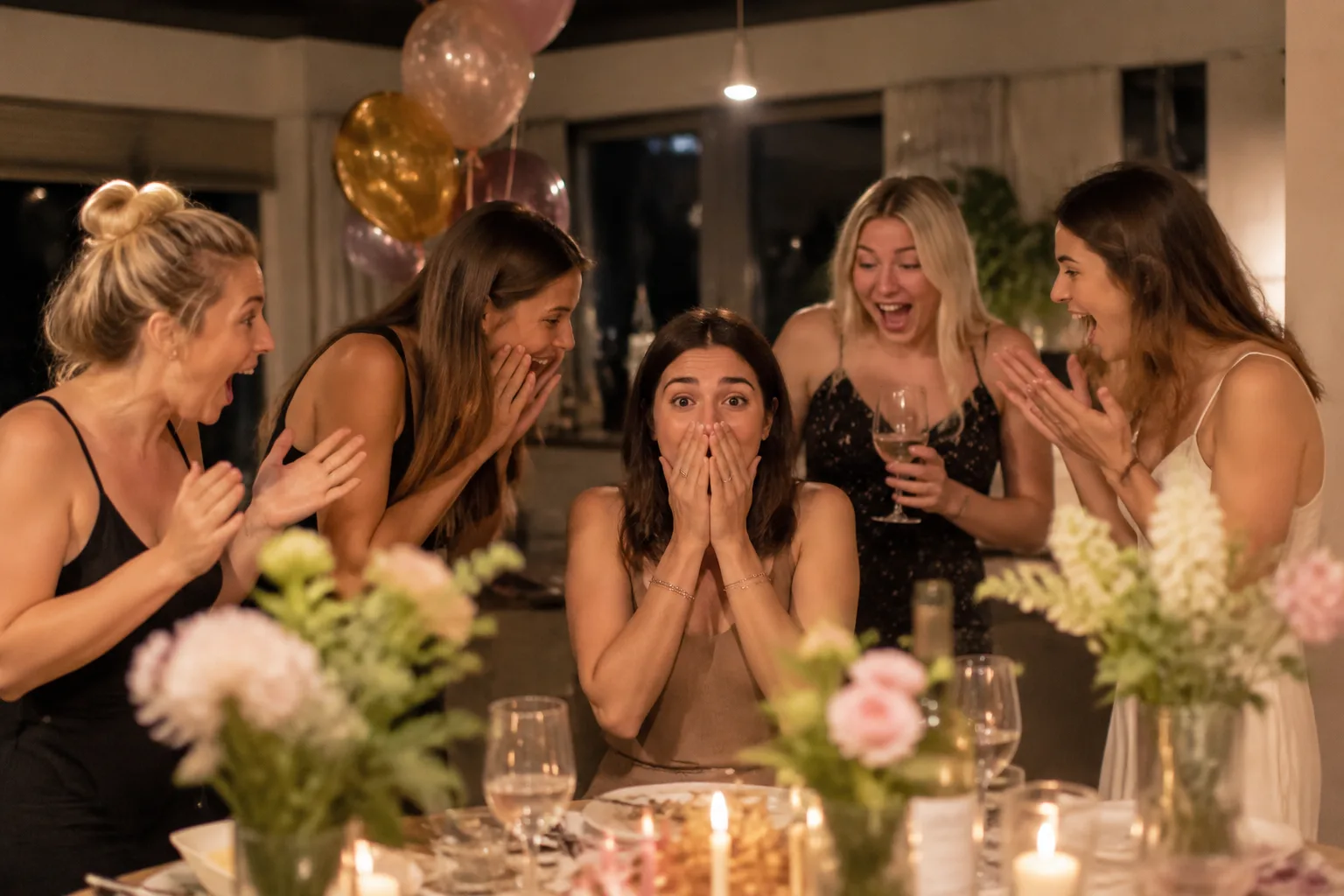 A photorealistic candid photo of a surprised guest of honor with hands over their mouth in genuine shock as friends shout surprise around a