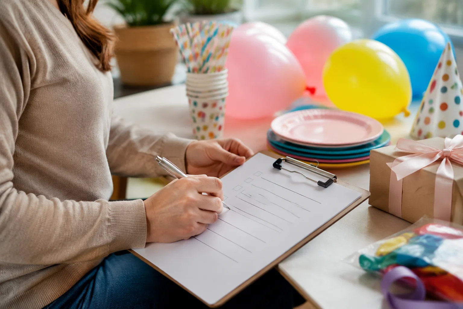 Parent writing on a checklist clipboard next to birthday party supplies including balloons, plates, and a wrapped gift on a table,